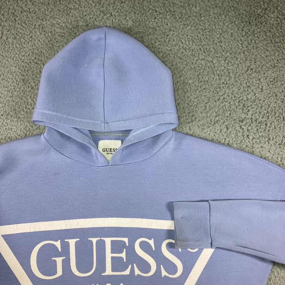 Guess Hoodie Women S Periwinkle Blue Triangle Logo Graphic‎ Longline Pullover